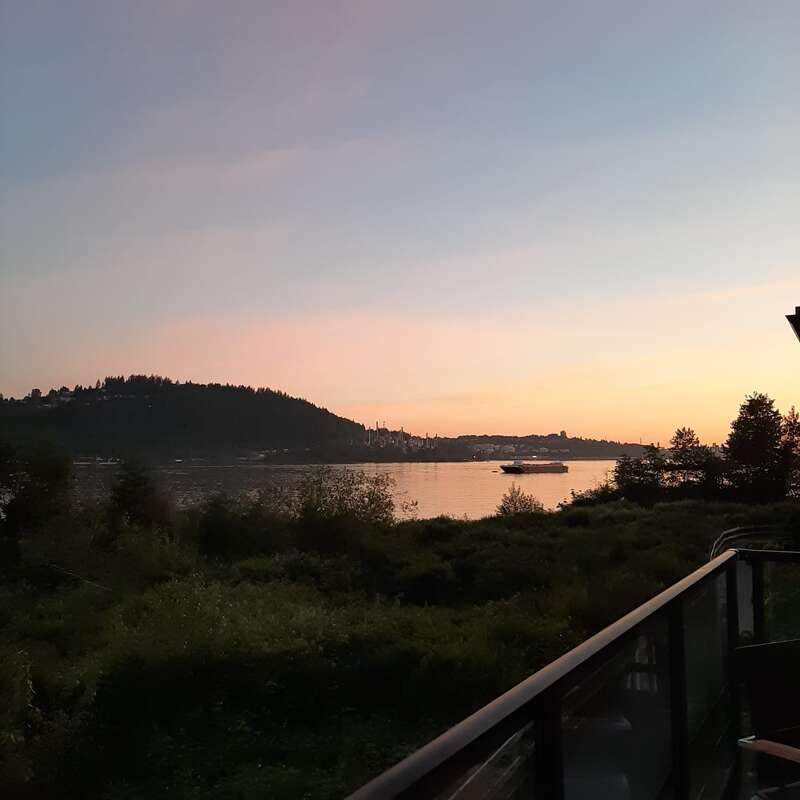 Una tranquila escena al atardecer sobre un río en calma, con árboles y arbustos verdes en primer plano, la silueta de una colina al fondo y una barca navegando.