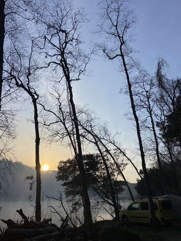 Árvores sem folhas se estendem contra um céu límpido ao nascer do sol, com um lago enevoado refletindo a luz. Uma van amarela e uma barraca ficam quietas na beira da floresta.