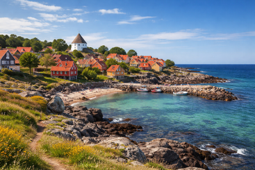 Colorful houses with red roofs cluster by a rocky coastline and clear blue sea, surrounding a white round church, under a sunny, vibrant sky. Serene atmosphere.