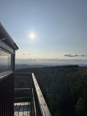 Ein ruhiger Blick von einem hölzernen Balkon auf einen weiten grünen Wald, ferne Berge und eine helle Sonne, die in einen klaren blauen Himmel scheint. Friedliche Atmosphäre.