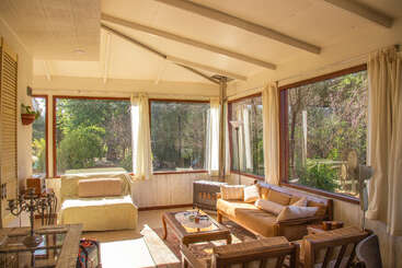 A sunlit, cozy living room with large windows, wooden furniture, cream curtains, and green outdoor views. Warm natural light fills the inviting, tranquil, and comfortable space.