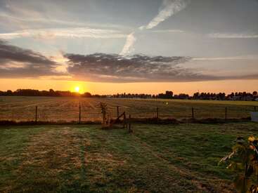 A beautiful sunrise over a quiet, grassy field. The sky is partly cloudy, with sunlight casting a golden glow, and a wooden fence in view.
