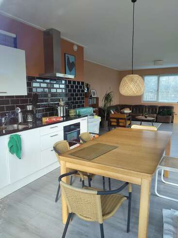 Cette image montre une cuisine et un salon confortables. Table à manger en bois, chaises en osier, dosseret en carrelage noir, canapé marron, plante en pot et grandes fenêtres ensoleillées.