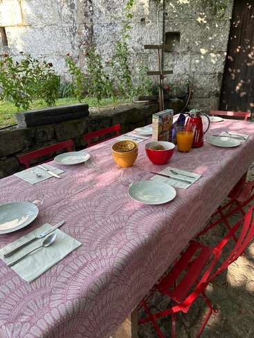 Une longue table avec une nappe à motifs roses est dressée à l'extérieur, entourée de chaises rouges, préparée pour le petit-déjeuner avec des bols, des assiettes, du jus de fruit et des céréales.