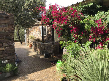 The image depicts a charming stone house with a vibrant pink flowering bush and lush greenery, set amidst a serene and picturesque outdoor setting.