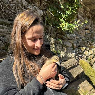 Una mujer sentada al aire libre contra un muro de piedra, sonríe cálidamente mientras sostiene en sus manos a un esponjoso patito. La luz del sol ilumina su pelo y su rostro.
