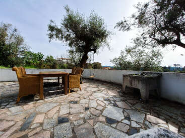 A sunny stone patio with a wooden table, four wicker chairs, surrounded by low white walls. Olive trees provide shade, creating a peaceful, rustic outdoor atmosphere.
