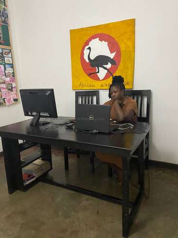 A woman sits at a dark wooden desk working on a laptop, with a desktop monitor beside her. Behind her is a colorful “African experience” painting.
