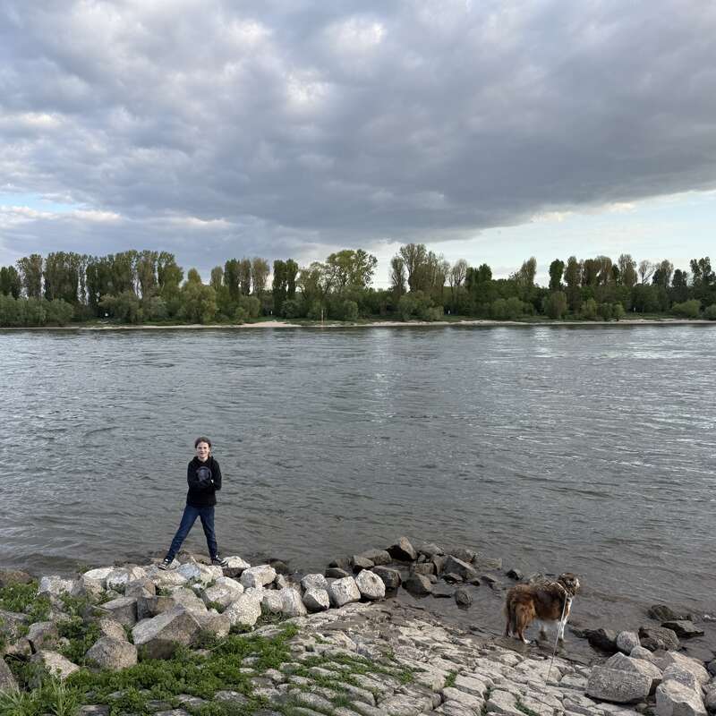 Ein Kind steht in Begleitung eines Hundes auf Felsen an einem breiten Fluss. Am gegenüberliegenden Ufer stehen Bäume, und dramatische Wolken bedecken den Himmel und schaffen eine malerische Atmosphäre.