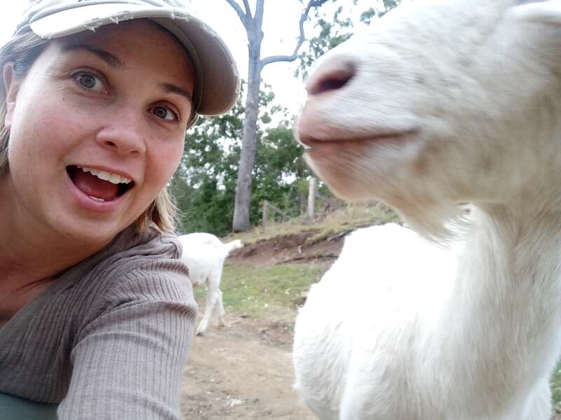 The image shows a woman wearing a cap and grey top, taking a selfie with a white goat in a field, with another goat in the background.