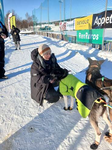 A person in winter clothing kneels on snowy ground, petting a sled dog wearing a green jacket. Other people and banners can be seen in the background.