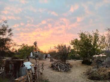 A rustic outdoor scene at sunset with vibrant orange clouds, scattered trees, wood piles, pallets, a dirt path, and various farm structures and equipment around. Peaceful atmosphere.