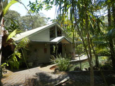 A cozy house nestled among lush green tropical plants, surrounded by trees, with a pond and wooden deck, exuding a peaceful, serene, and natural ambiance.