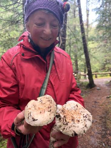 Eine Frau in einer roten Jacke und einer lila Strickmütze steht in einem Wald und lächelt, während sie zwei große, frisch gesammelte Pilze in den Händen hält, die mit Erde und Laub bedeckt sind.