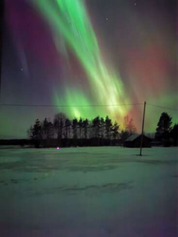 The image depicts a serene winter landscape with a vibrant aurora borealis in the sky, set against a backdrop of snow-covered ground and trees.