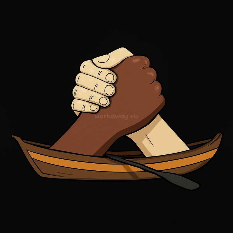 Two hands, one light-skinned and one dark-skinned, are clasped together in unity, emerging from a small wooden boat, symbolizing teamwork and solidarity.