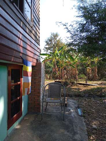 A single chair sits on a concrete porch beside a colorful flag, next to a house, overlooking a garden with banana trees and scattered sunlight.