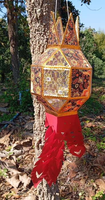 A colorful, intricately patterned lantern with lace and red paper streamers hangs from a tree, illuminated by sunlight, surrounded by nature’s greenery and fallen leaves.