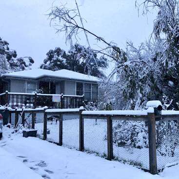 A house and yard are covered in fresh, thick snow. Trees and fence are frosted, with a car parked outside. Everything looks peaceful and wintry.