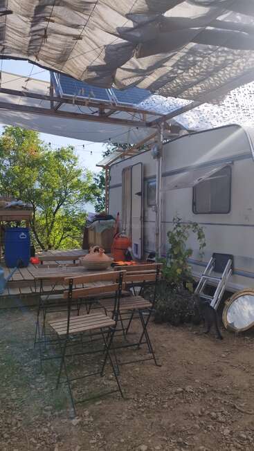 Una acogedora instalación al aire libre cuenta con una mesa, sillas, caravana, paneles solares, tela de sombra, plantas y suministros dispersos en un entorno rústico, iluminado por el sol y rodeado de árboles.