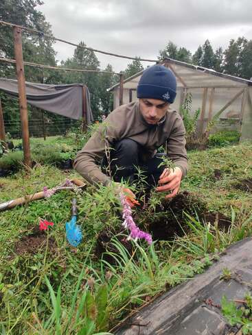 A person wearing a blue beanie and brown jacket carefully tends to plants in a garden, surrounded by greenery, flowers, and gardening tools under a cloudy sky.