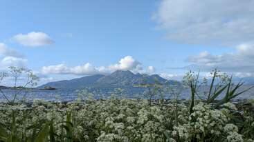 Eine ruhige Landschaft mit Wildblumen im Vordergrund, einem stillen blauen See, fernen Felseninseln und einer majestätischen Bergkette unter einem strahlenden, teilweise bewölkten Himmel.