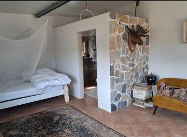 This cozy room features a bed with a mosquito net, stone accent wall, mounted moose head, mustard-yellow chair, stacked books, and a patterned vintage rug.