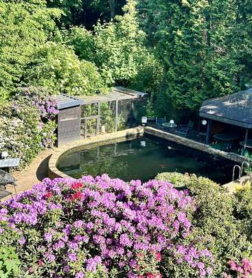 Eine ruhige Gartenszene mit üppigem Grün, leuchtend lila Blumen, einem kleinen Teich, Gartenmöbeln und einer Holzkonstruktion im Schatten hoher, belaubter Bäume.