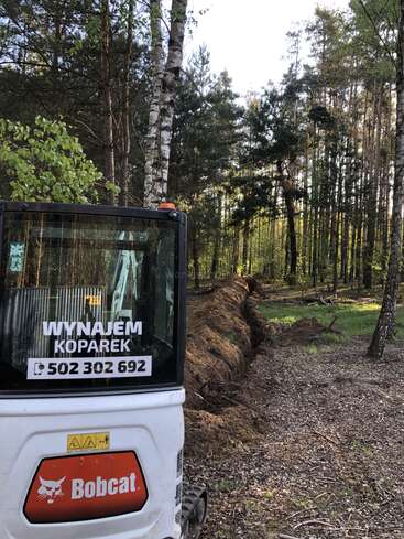 Una excavadora Bobcat está aparcada en un bosque, junto a una zanja recién excavada. La luz del sol se filtra entre los árboles. Se ve un anuncio de alquiler con un número de teléfono.