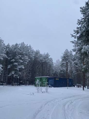 Eine verschneite Waldszene mit hohen Kiefern, die mit frischem Schnee bedeckt sind. Zwei Schiffscontainer stehen auf der Lichtung und bilden einen krassen Kontrast zur weißen Landschaft.
