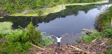 Une personne se tient debout sur un tas de débris de bois, les bras levés, face à un lac calme et réfléchissant, entouré d'une végétation verdoyante et de nénuphars.