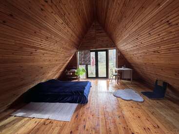 Cette image montre une chambre mansardée confortable et minimaliste, avec des murs lambrissés, un lit bas, un bureau, des plantes, un tapis en forme de nuage et de grandes fenêtres.