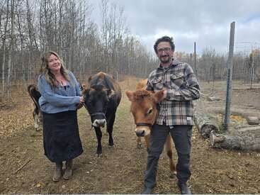 Une femme et un homme se tiennent à l'extérieur avec deux vaches, entourés d'arbres sans feuilles par une journée nuageuse, semblant heureux et satisfaits dans une zone rurale clôturée.