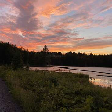 Une route de gravier serpente le long d'un lac paisible, bordé d'une végétation luxuriante et d'une forêt dense. Au coucher du soleil, le ciel se pare de teintes vives orange et rose.