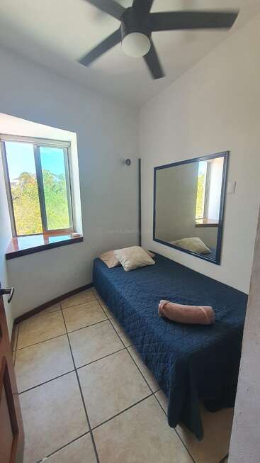 This cozy, small bedroom features a single bed with a dark blue cover, a large wall mirror, ceiling fan, window with greenery, and tiled flooring.