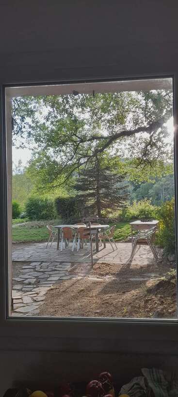 La photo montre un patio extérieur paisible avec des tables et des chaises, entouré de verdure et d'arbres, vu à travers une fenêtre dans la lumière chaude de l'après-midi.