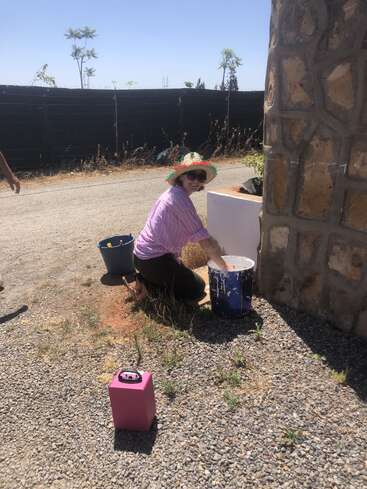 Eine Person mit einem bunten Hut und einer Sonnenbrille kniet neben einer Steinmauer und malt oder arbeitet. Es ist sonnig, in der Nähe stehen Farbeimer und Werkzeuge. Umgebung im Freien.