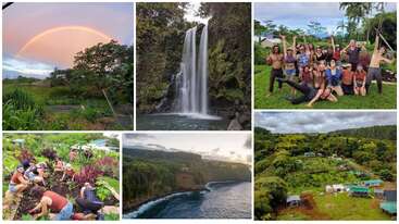 Essa colagem mostra uma paisagem tropical vibrante com um arco-íris, uma cachoeira, um litoral exuberante, pessoas fazendo jardinagem, uma comemoração em grupo e uma vista aérea de uma comunidade sustentável.