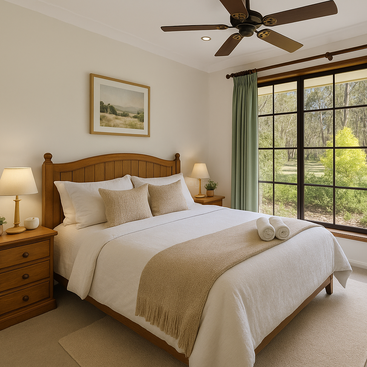 This bedroom features a cozy wooden bed, beige and white linens, bedside tables with lamps, a ceiling fan, large window, and serene outdoor garden view.