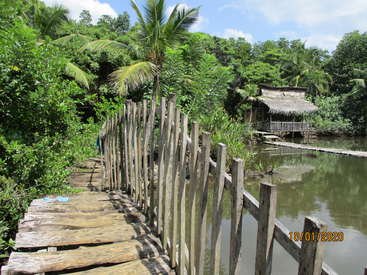 The image depicts a serene wooden bridge over a tranquil body of water, surrounded by lush greenery and a small hut with a thatched roof in the background.