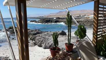 Un patio ombragé surplombe une plage rocheuse et l'océan. Des plantes en pot et des plantes grasses ajoutent de la verdure. La lumière du soleil, les vagues et les montagnes lointaines créent une atmosphère côtière paisible.