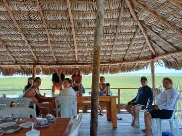 Un grupo de personas se relaja bajo una cabaña con tejado de paja, disfrutando de bebidas en mesas de madera, rodeados de naturaleza con campos verdes y una vista luminosa y abierta.
