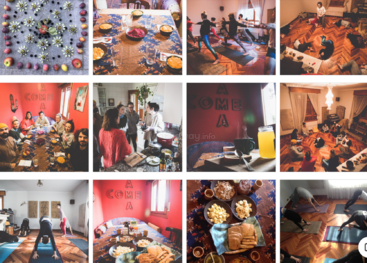 Das Bild ist eine Collage aus 12 Fotos, die ein Haus zeigen, in dem Menschen verschiedenen Aktivitäten wie Yoga, Kochen und geselligem Beisammensein nachgehen und das eine warme und einladende Atmosphäre ausstrahlt.