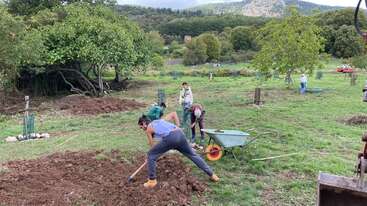 A imagem mostra um grupo de pessoas trabalhando juntas, provavelmente em uma fazenda ou jardim, com uma pilha de terra e uma cerca ao fundo, transmitindo um senso de comunidade e trabalho em equipe.