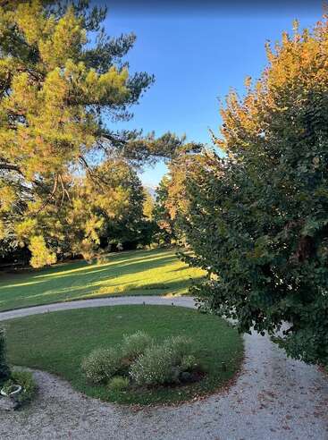 Une scène paisible dans un jardin, avec un chemin circulaire en gravier, une pelouse d'un vert éclatant, de grands arbres et un ciel bleu limpide, le tout baigné par la douce lumière du soleil de fin d'après-midi.