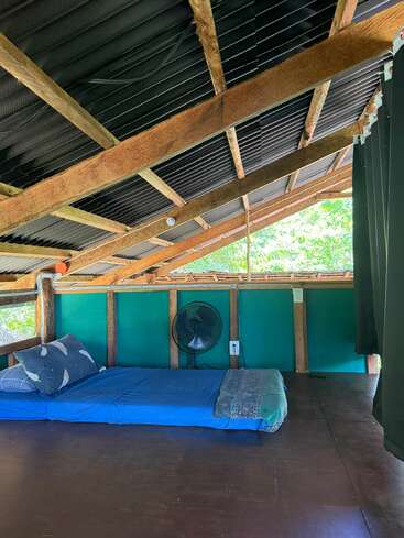 This cozy attic room features a simple mattress with blue bedding and pillows, a standing fan, wooden beams, green walls, and natural light streaming in.