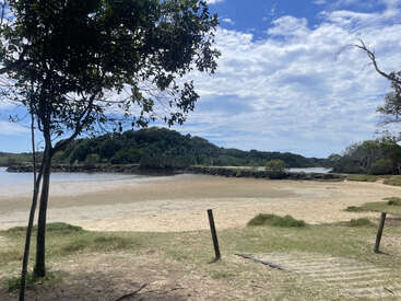 Eine friedliche Strandszene mit Sandstrand, grasbewachsenen Flächen und Bäumen. Ruhiges Wasser, grüne bewaldete Hügel in der Ferne, teilweise bewölkter blauer Himmel darüber.