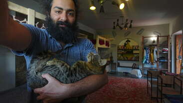 Un homme barbu prend un selfie en tenant un chat tabby détendu dans ses bras, dans une pièce confortable et bien décorée, avec des étagères et des vêtements.