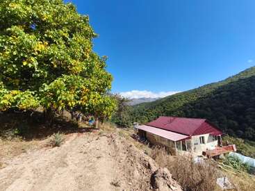 Une maison au toit rouge se dresse sur une colline entourée d'arbres verdoyants, sous un ciel d'un bleu éclatant et de lointaines montagnes ondulantes. Un paysage paisible.