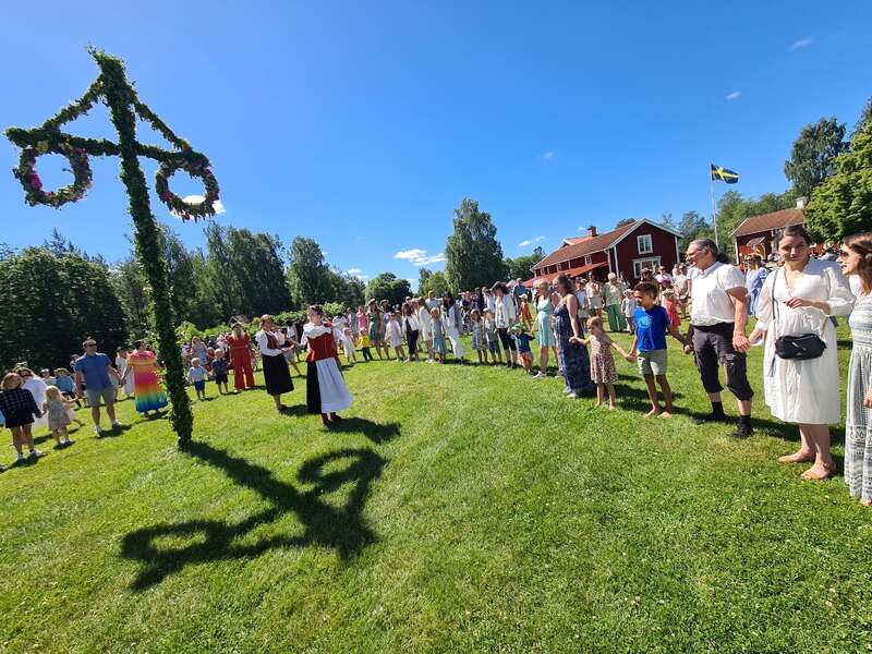 A group of people, some in traditional clothing, celebrate outdoors around a decorated midsummer pole, holding hands in a circle on a sunny day.